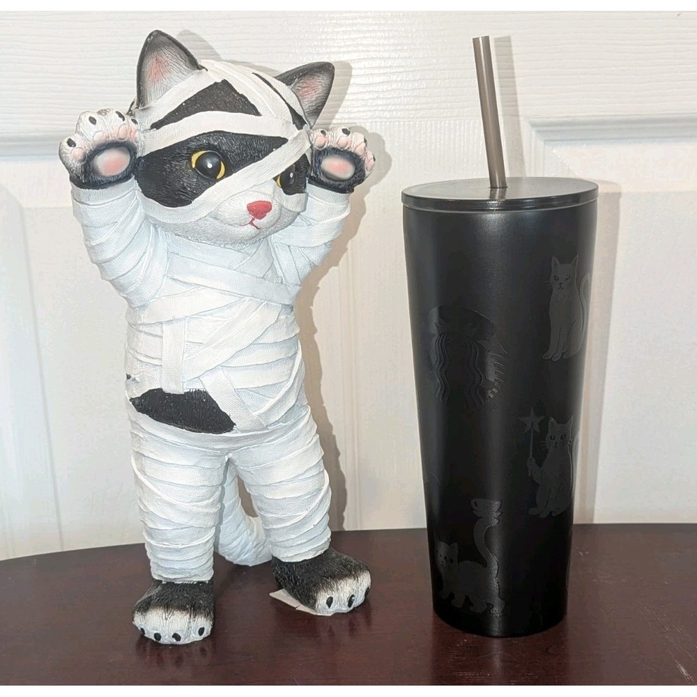 Spooky Season Black Cat Mummy Figurine And Starbucks Tumbler Glow In The Dark